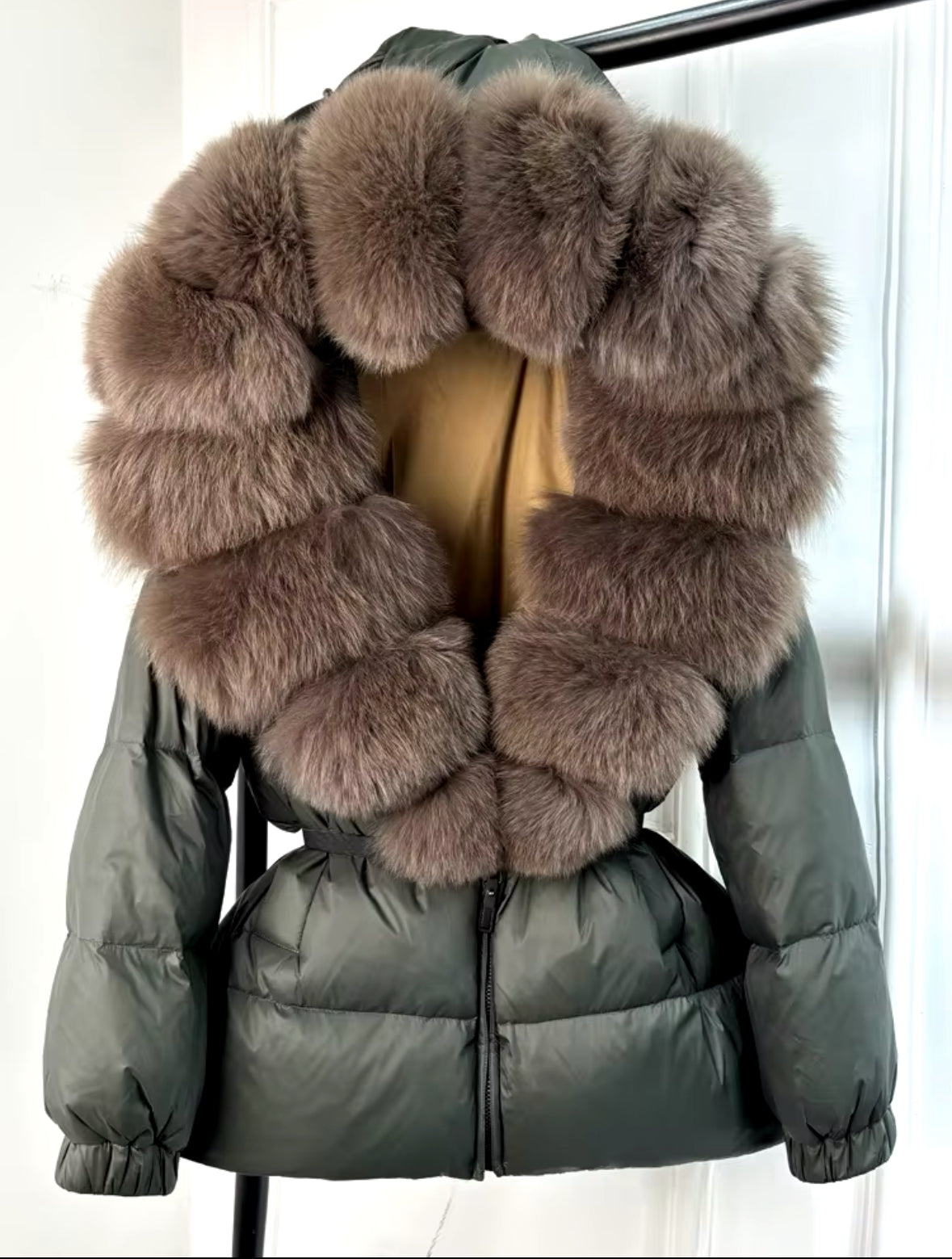 Fox Fur Hooded Parka - Khaki Green Mocha