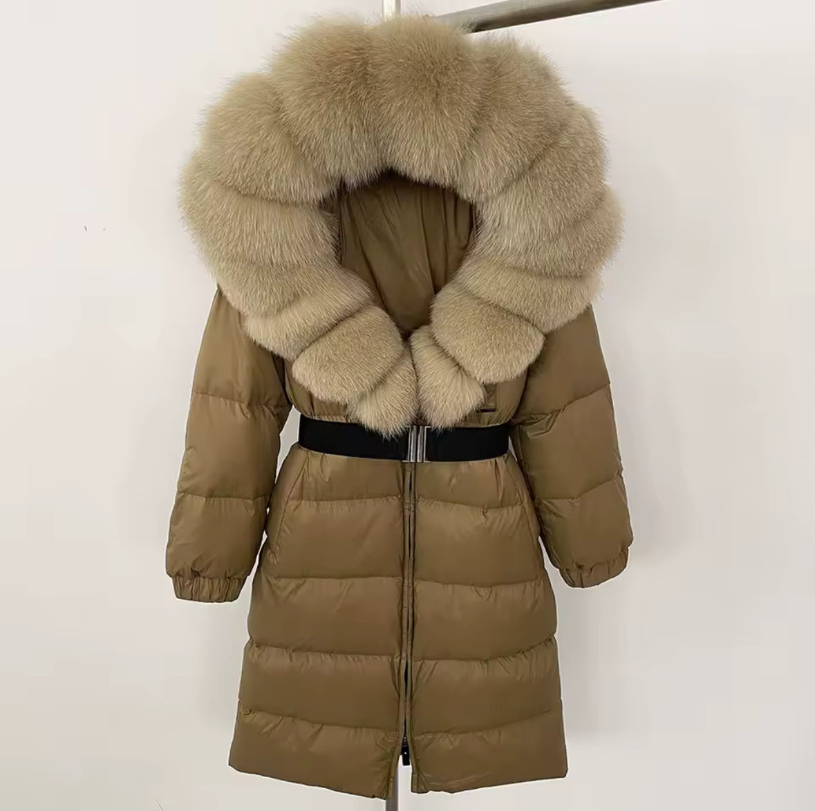 Long Fox Fur Hooded Parka. - Camel/Beige