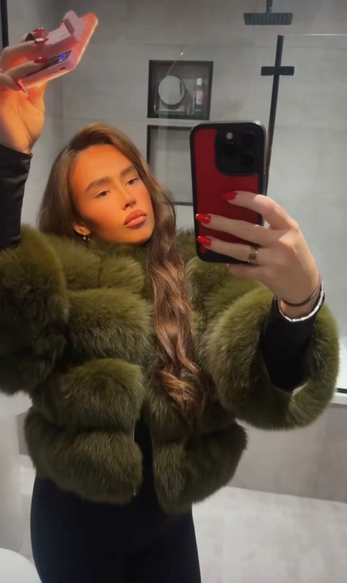 Luxury Cropped 5 Ring Fox Fur- Khaki Green