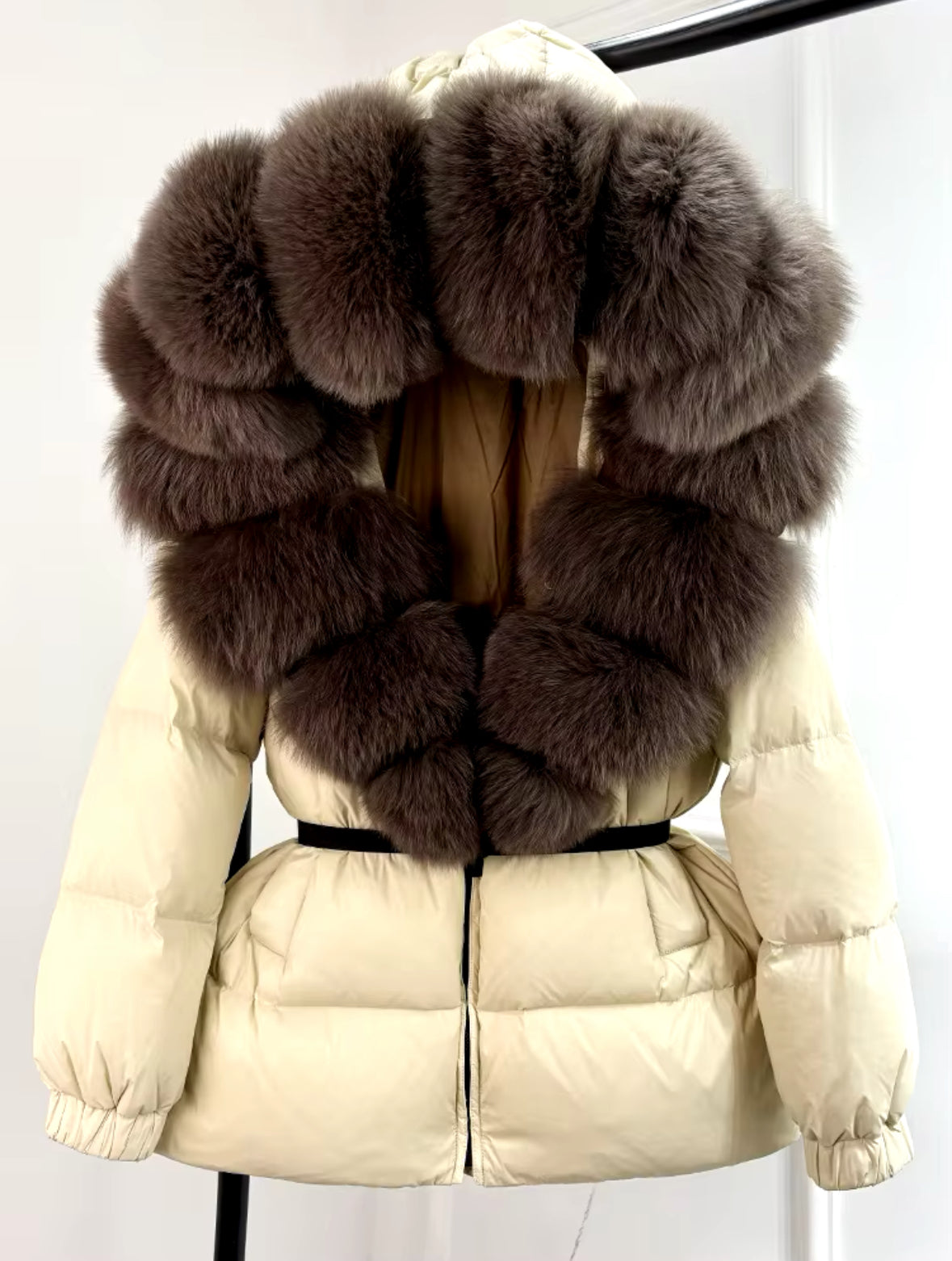 Fox Fur Hooded Parka - Cream/Brown