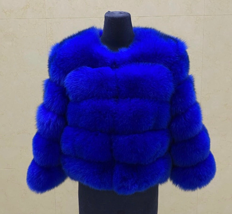 Luxury Cropped 5 Ring Fox Fur - Royal Blue