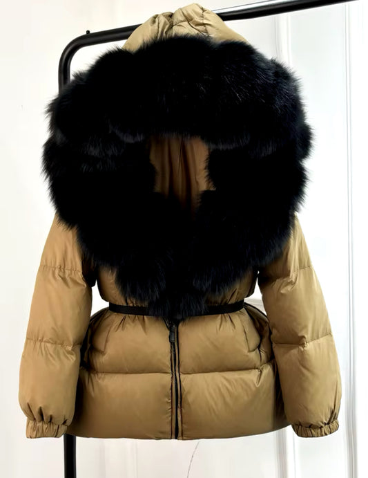 Fox Fur Hooded Parka - Camel/Black