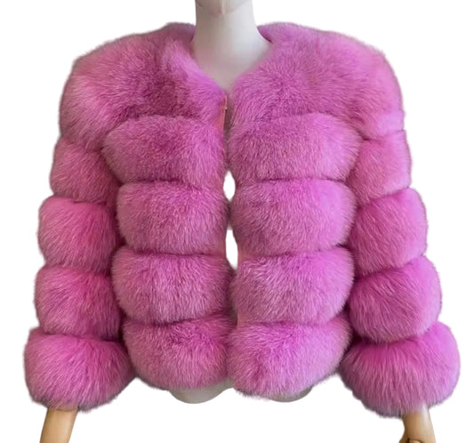 Luxury Cropped 5 Ring Fox Fur - Hot Pink