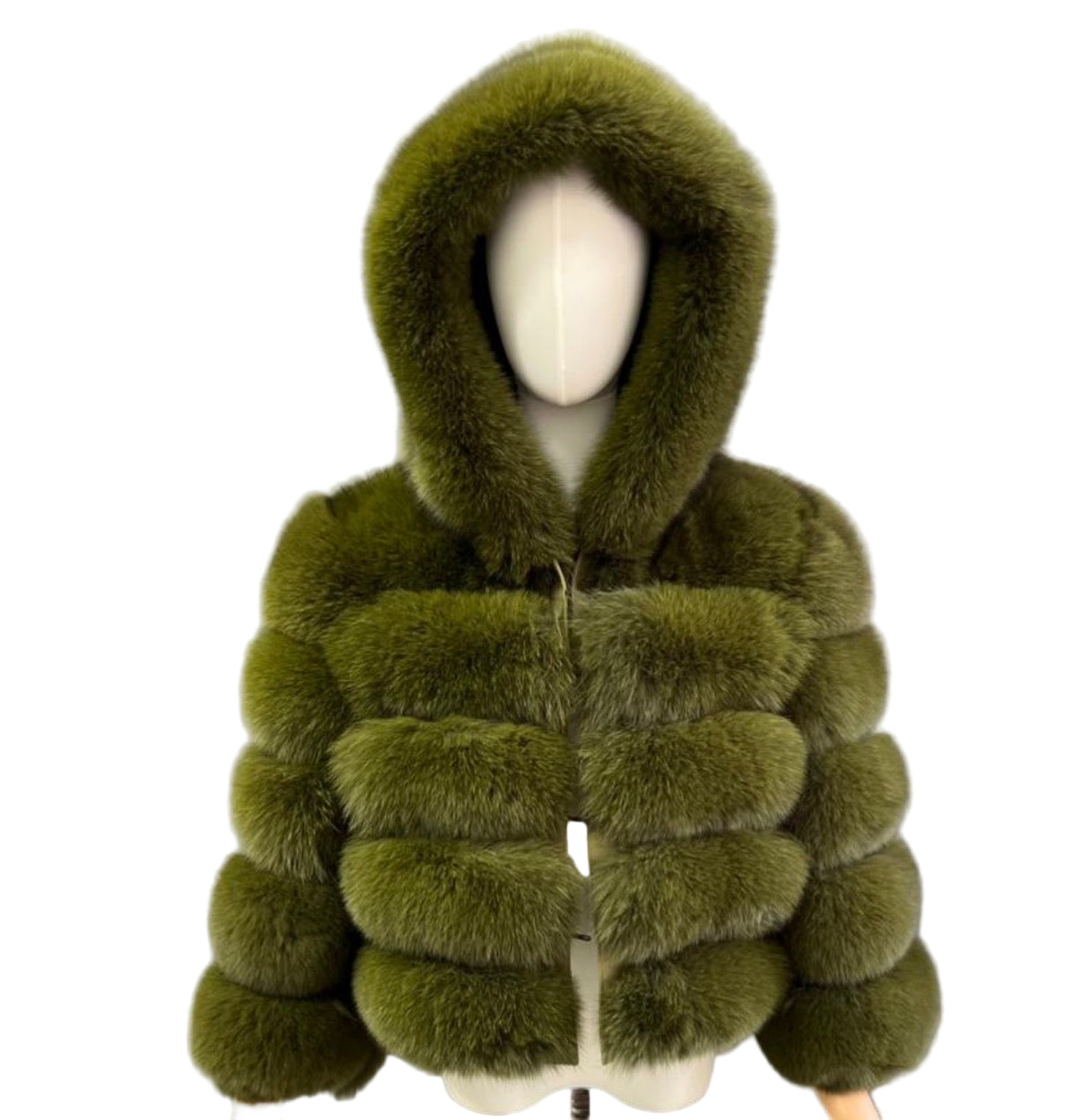 Luxury Cropped 5 Ring Fox Fur with Hood - Khaki Green