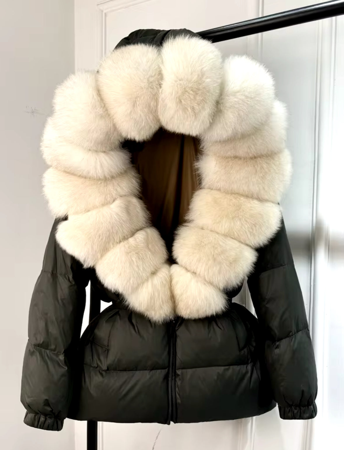 Fox Fur Hooded Parka - Khaki Green/Cream