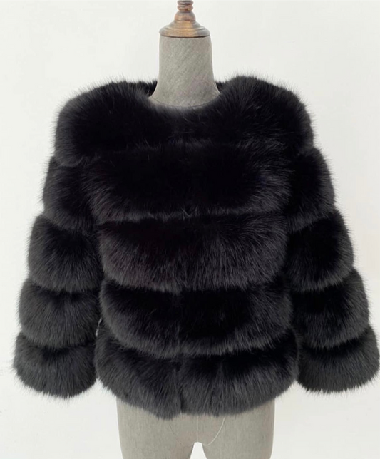 Luxury Cropped 5 Ring Faux Fur- Black