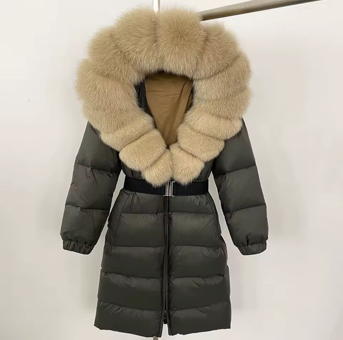 Long Fox Fur Hooded Parka - Khaki Green/Beige