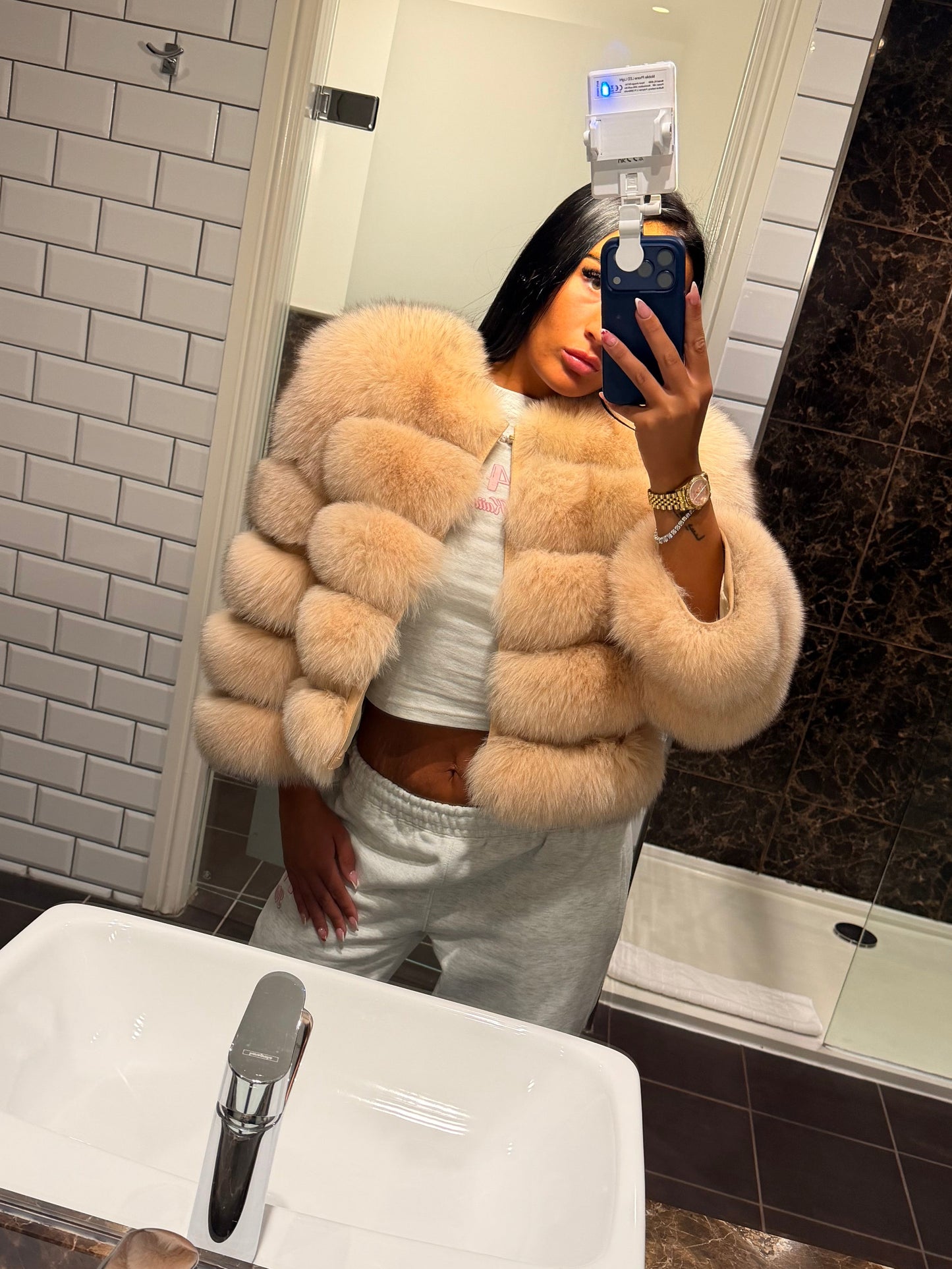 Luxury Cropped 5 Ring Fox Fur - Dusty Pink