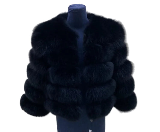 Luxury Cropped 5 Ring Fox Fur- Black