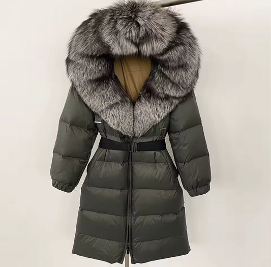Long Fox Fur Hooded Parka - Khaki Green/Silver