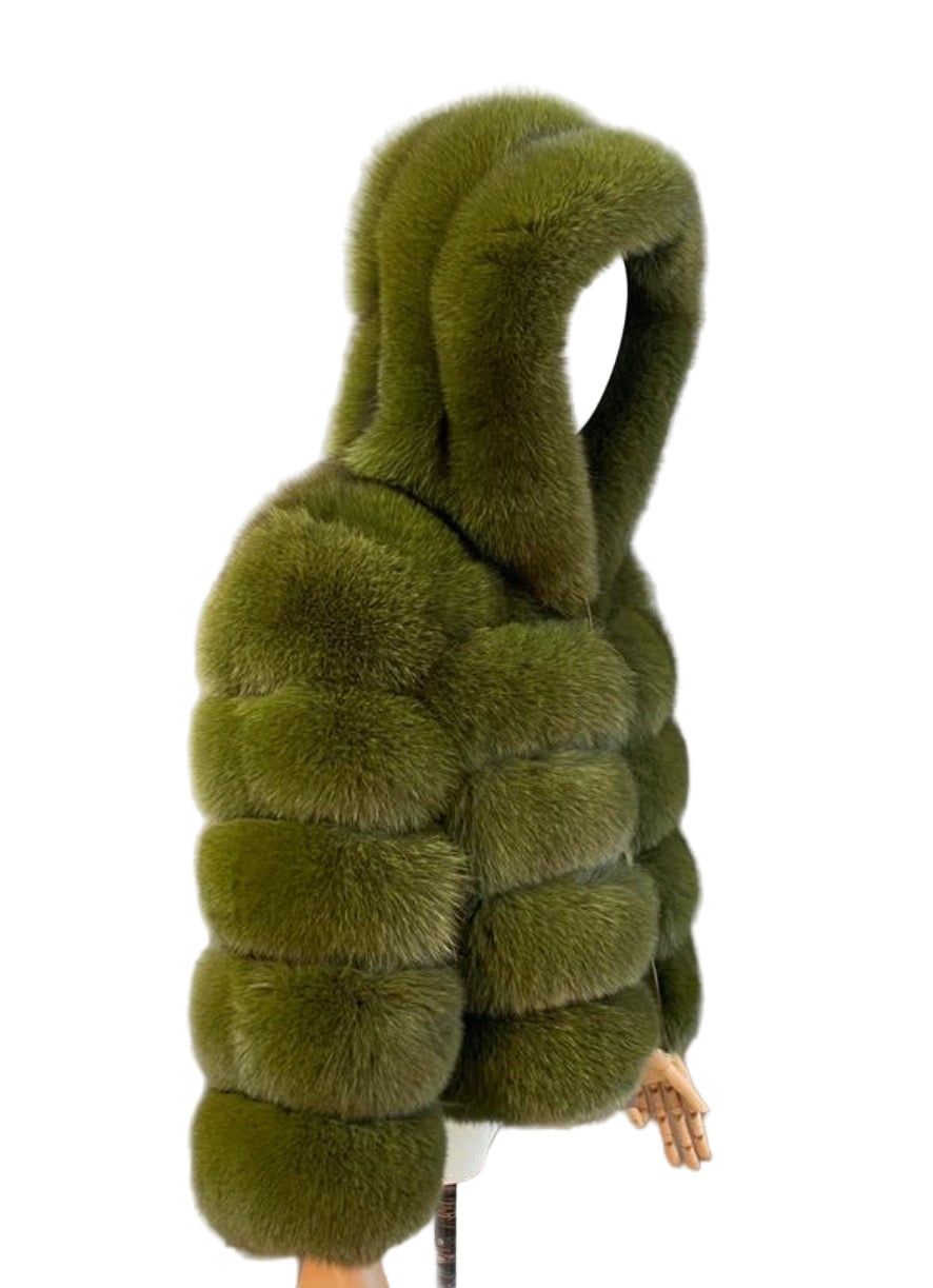Luxury Cropped 5 Ring Fox Fur with Hood - Khaki Green