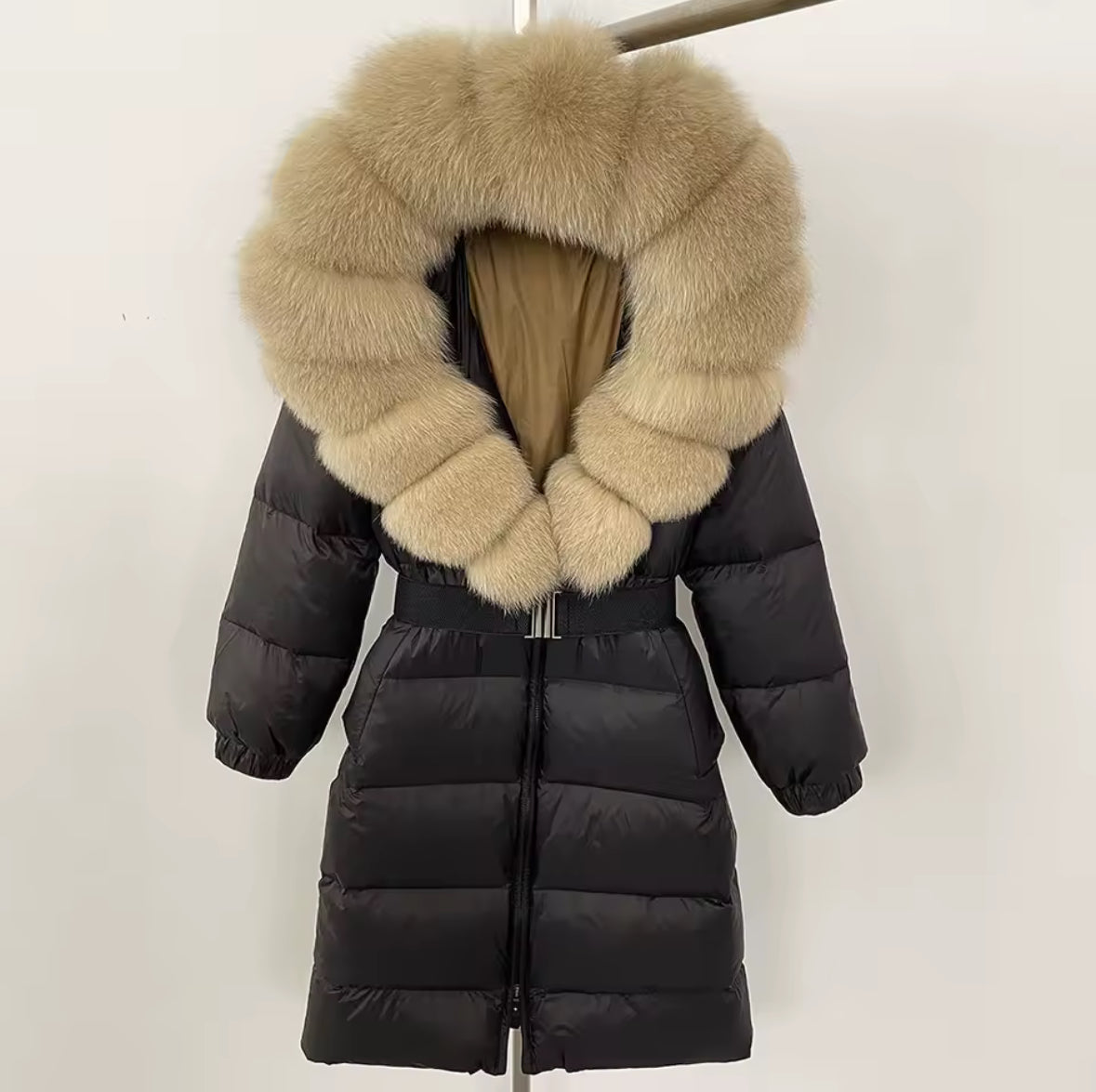 Long Fox Fur Hooded Parka - Black/Beige