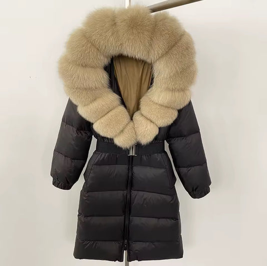 Long Fox Fur Hooded Parka - Black/Beige