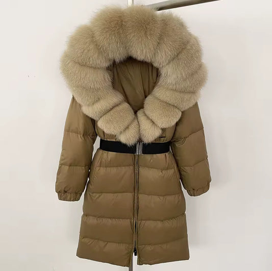 Long Fox Fur Hooded Parka. - Camel/Beige
