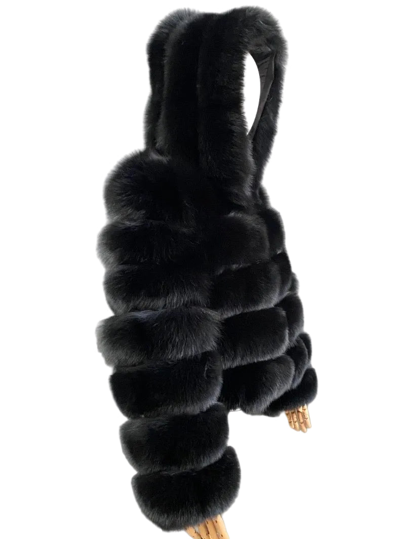 Luxury Long Sleeve Fox Fur With Hood - Black