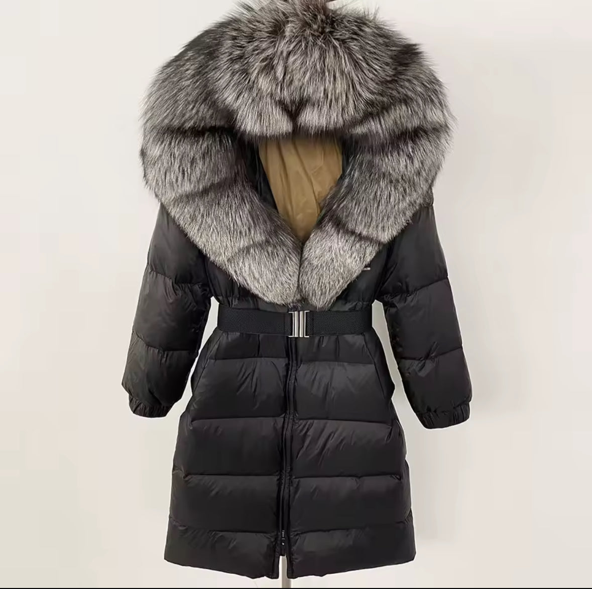 Long Fox Fur Hooded Parka - Black/Silver