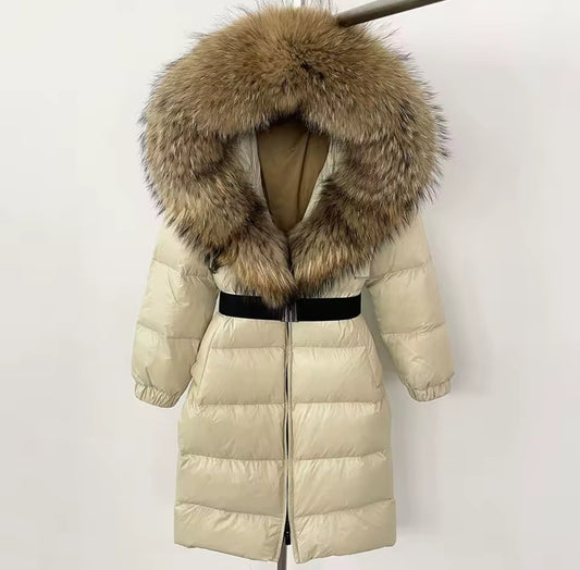 Long Fox Fur Hooded Parka - Cream/Natural