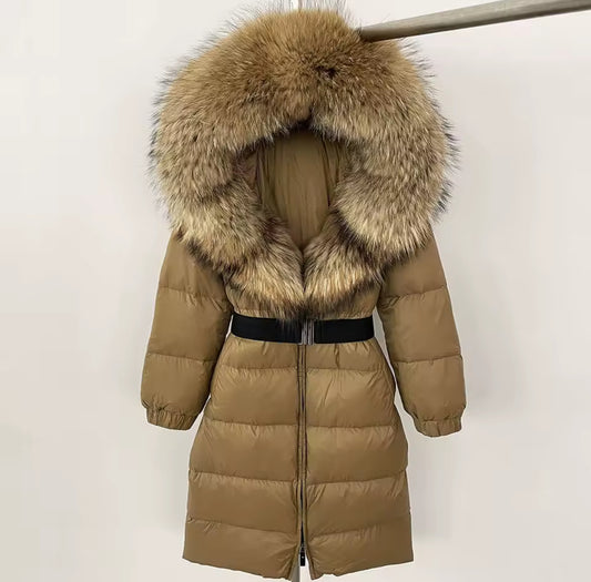Long Fox Fur Hooded Parka - Camel/Natural