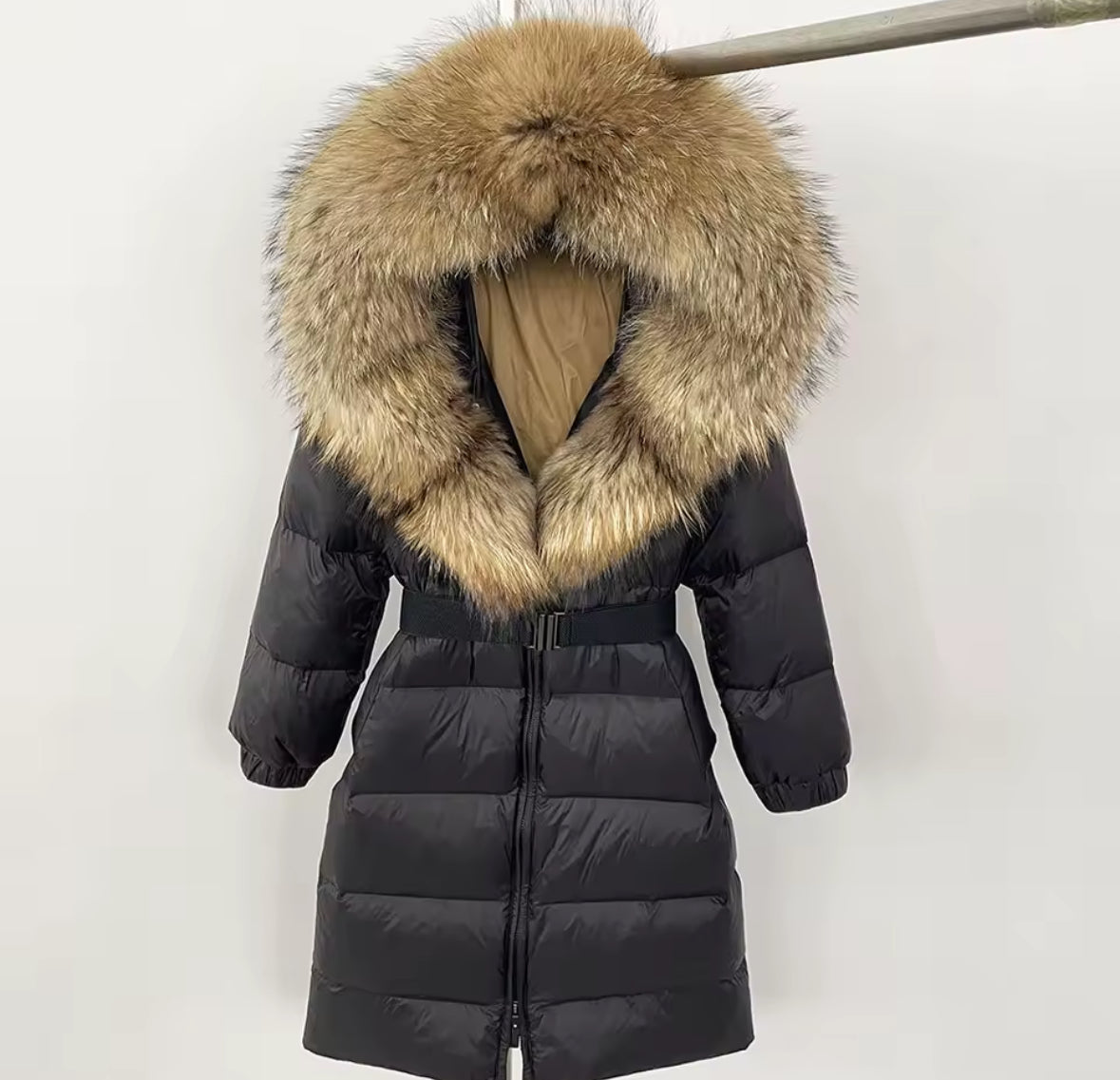 Long Fox Fur Hooded Parka - Black/Natural