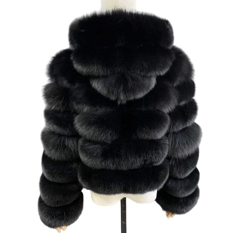 Luxury Long Sleeve Fox Fur With Hood - Black