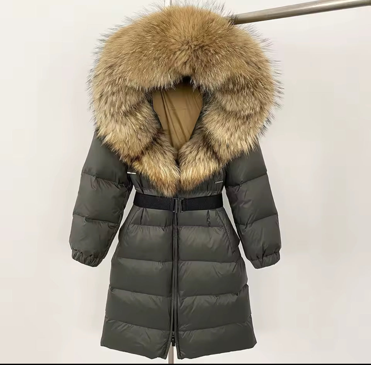 Long Fox Fur Hooded Parka - Khaki Green/Natural