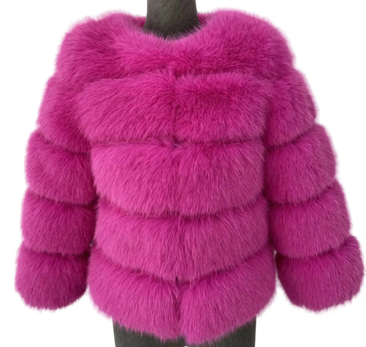 Luxury Cropped 5 Ring Faux Fur - Fushia
