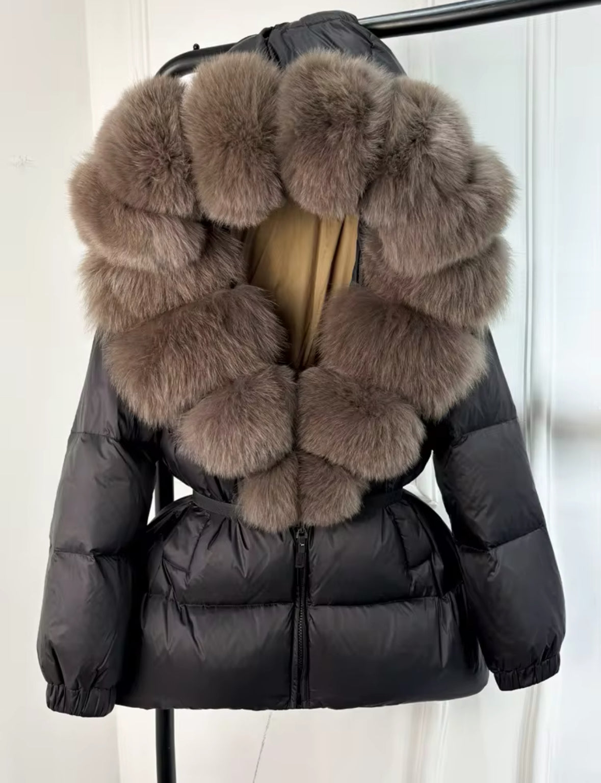 Fox Fur Hooded Parka - Black/Mocha