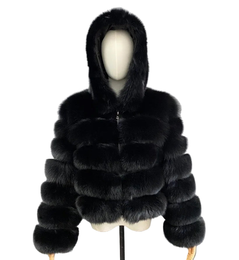 Luxury Long Sleeve Fox Fur With Hood - Black