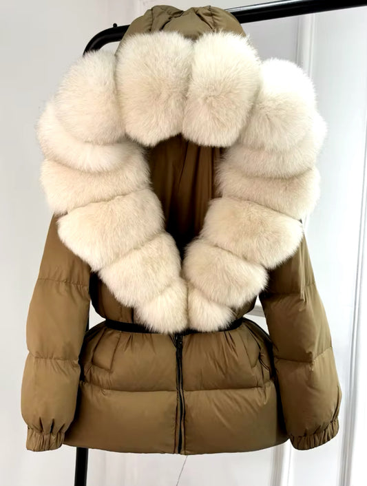 Fox Fur Hooded Parka - Camel/Cream