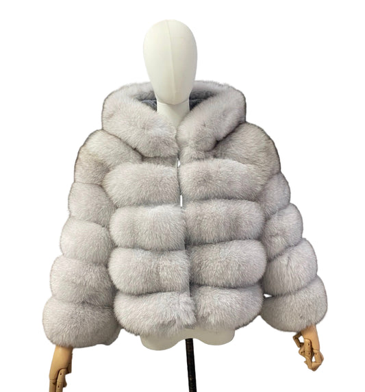 Luxury Cropped 5 Ring Fox Fur with Hood - Foxtip white