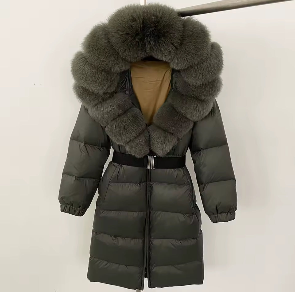 Long Fox Fur Hooded Parka - Khaki Green