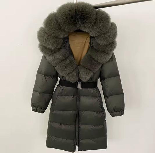 Long Fox Fur Hooded Parka - Khaki Green