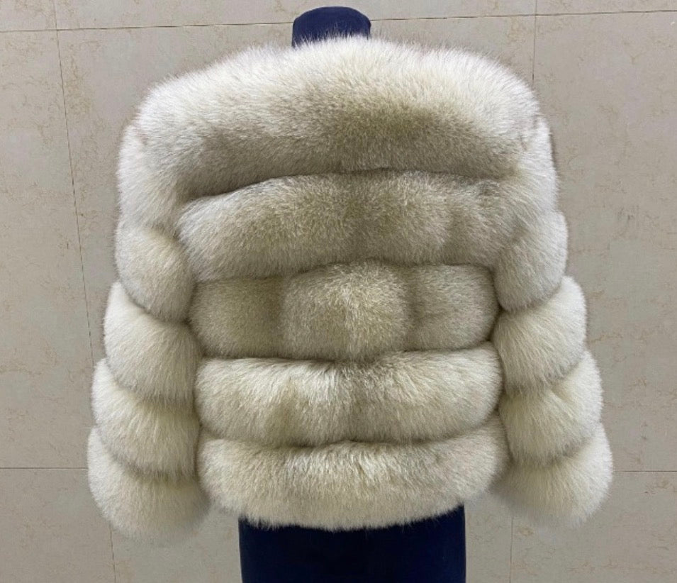 Luxury Cropped 5 Ring Fox Fur - Light Beige