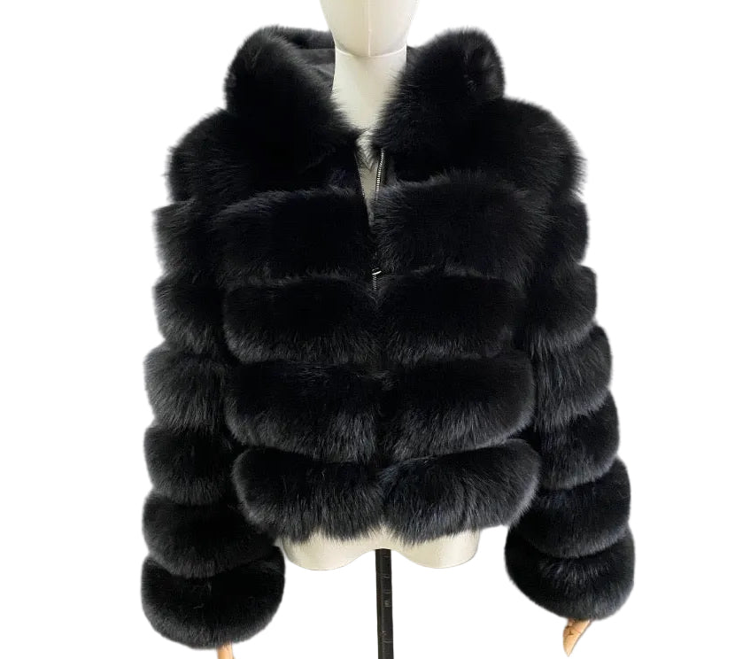 Luxury Long Sleeve Fox Fur With Hood - Black