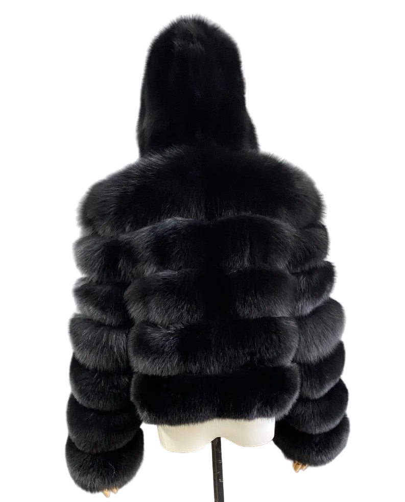 Luxury Long Sleeve Fox Fur With Hood - Black