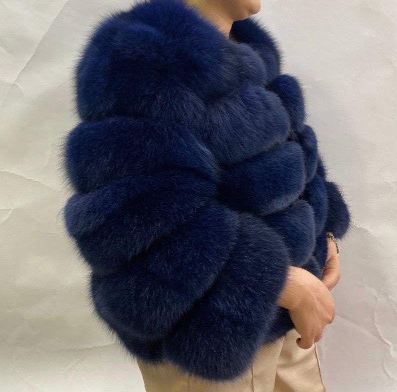 Luxury Cropped 5 Ring Fox Fur - Navy Blue