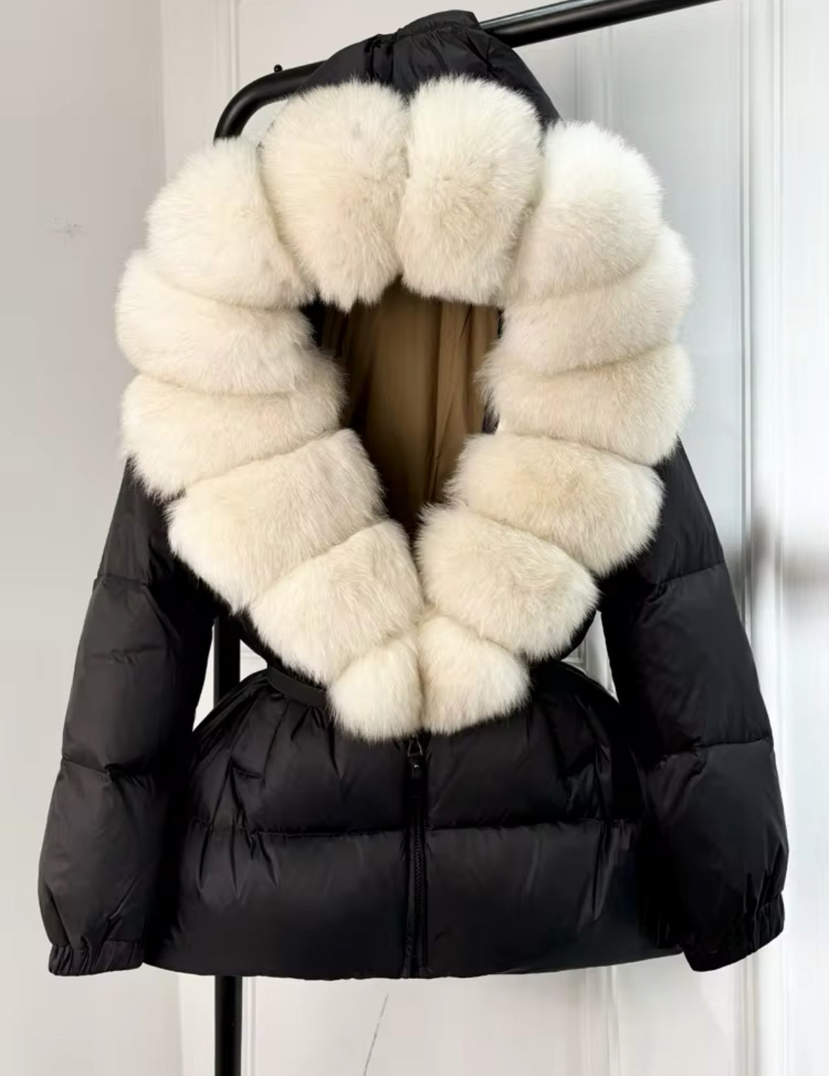 Fox Fur Hooded Parka - Black/Cream