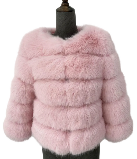 Luxury Cropped 5 Ring Faux Fur- Bubblegum Pink