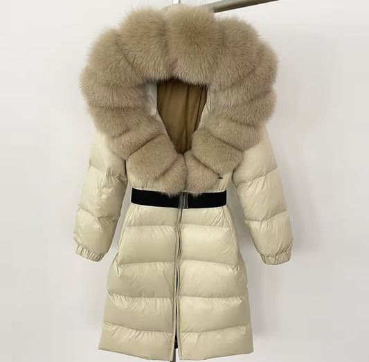 Long Fox Fur Hooded Parka - Cream/Beige