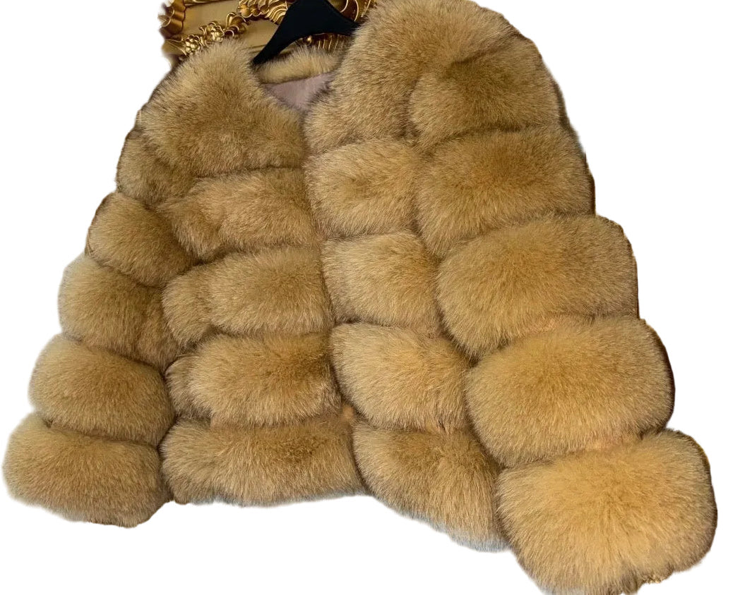 Luxury Cropped 5 Ring Fox Fur - Dark Camel