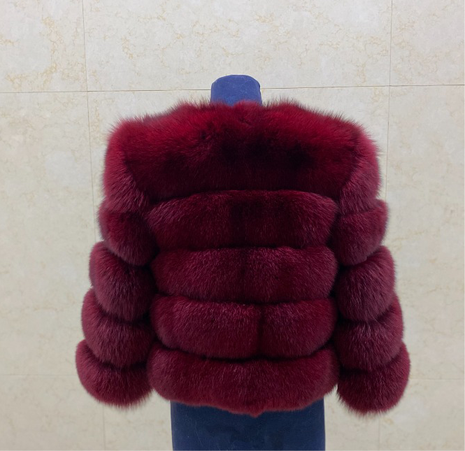 Luxury Cropped 5 Ring Fox Fur- Red wine