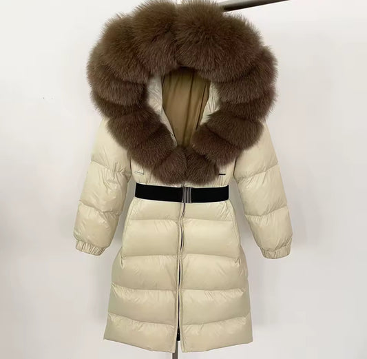 Long Fox Fur Hooded Parka - Cream/Brown