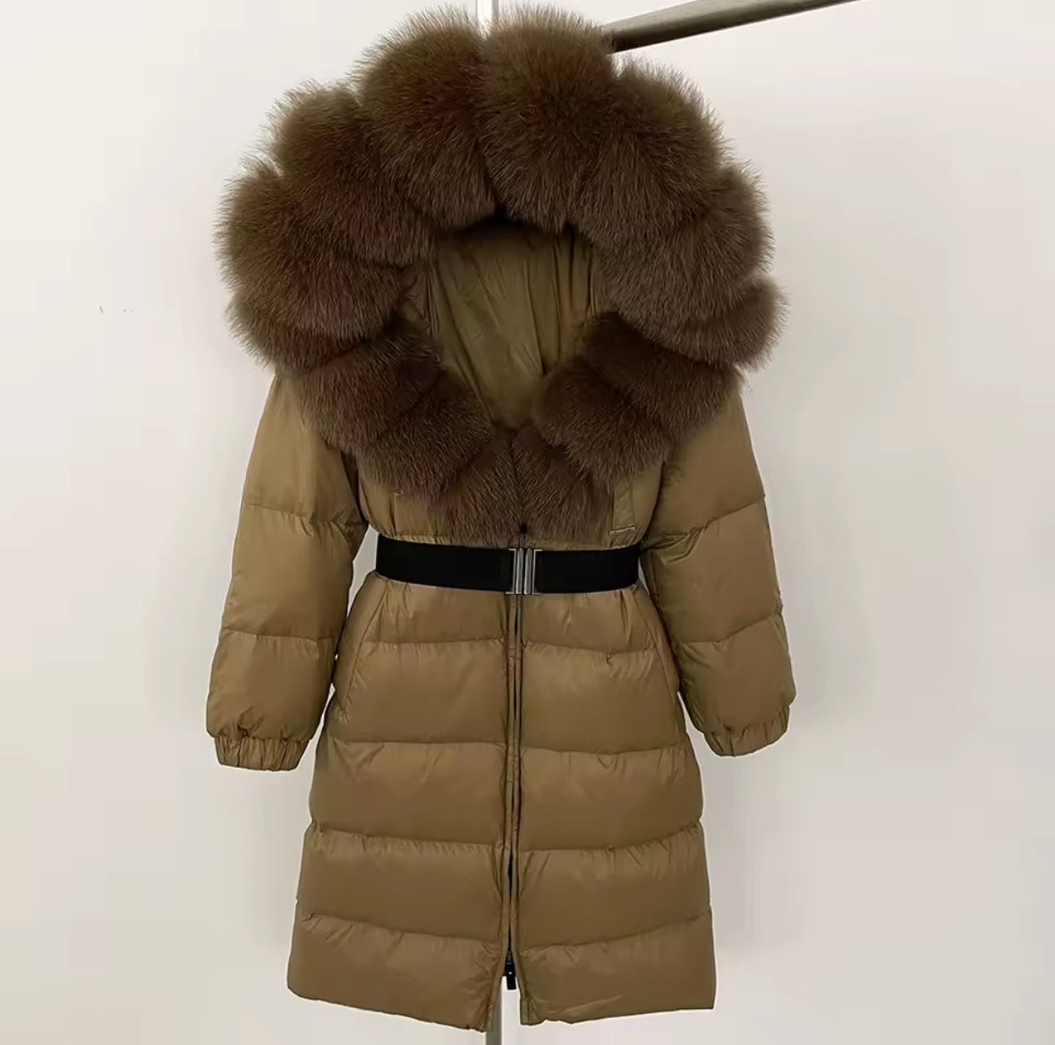 Long Fox Fur Hooded Parka - Camel/Brown