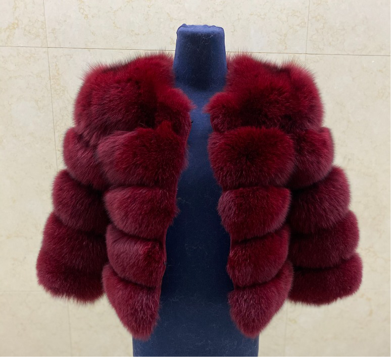 Luxury Cropped 5 Ring Fox Fur- Red wine