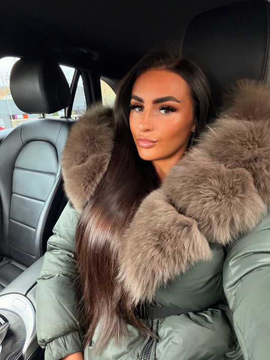 Fox Fur Hooded Parka - Khaki Green Mocha