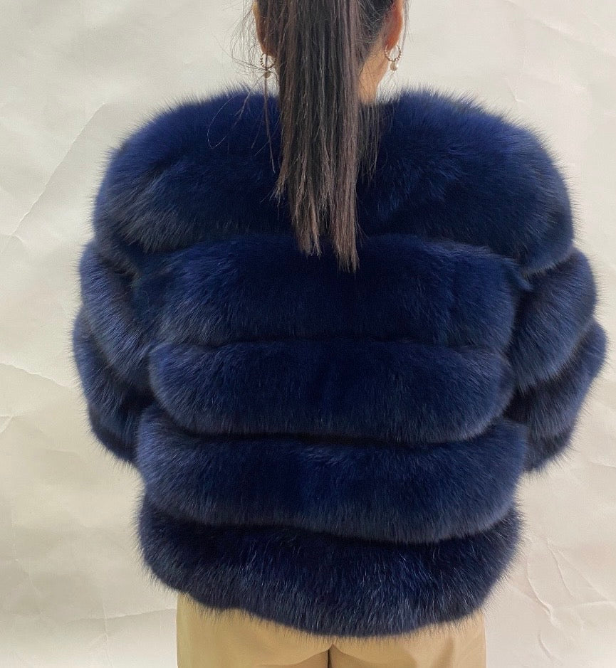 Luxury Cropped 5 Ring Fox Fur - Navy Blue