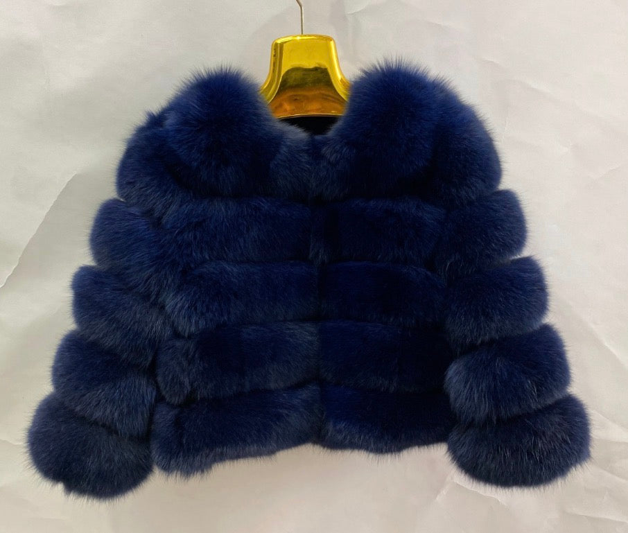 Luxury Cropped 5 Ring Fox Fur - Navy Blue
