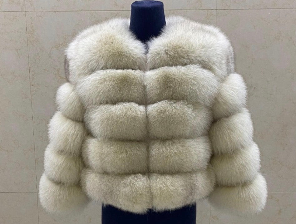 Luxury Cropped 5 Ring Fox Fur - Light Beige