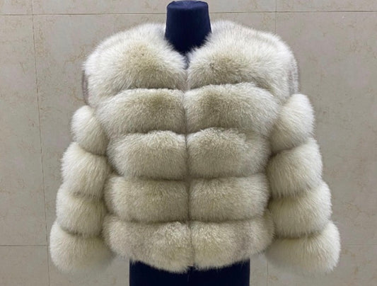 Luxury Cropped 5 Ring Fox Fur - Light Beige