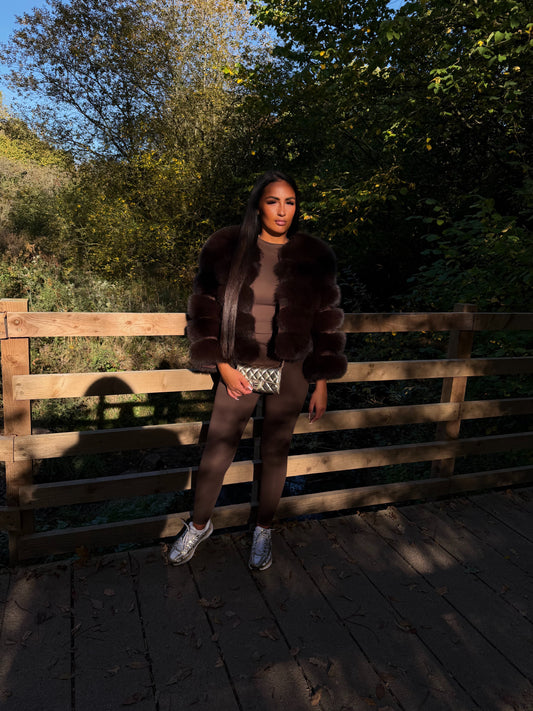 Luxury Cropped 5 Ring Fox Fur - Chocolate Brown